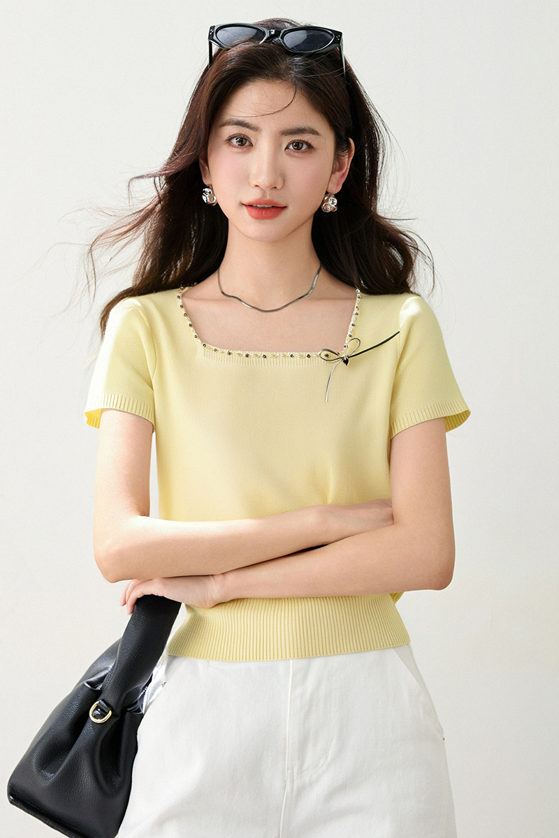 Summer Korean style square collar T-shirt bow slim tops