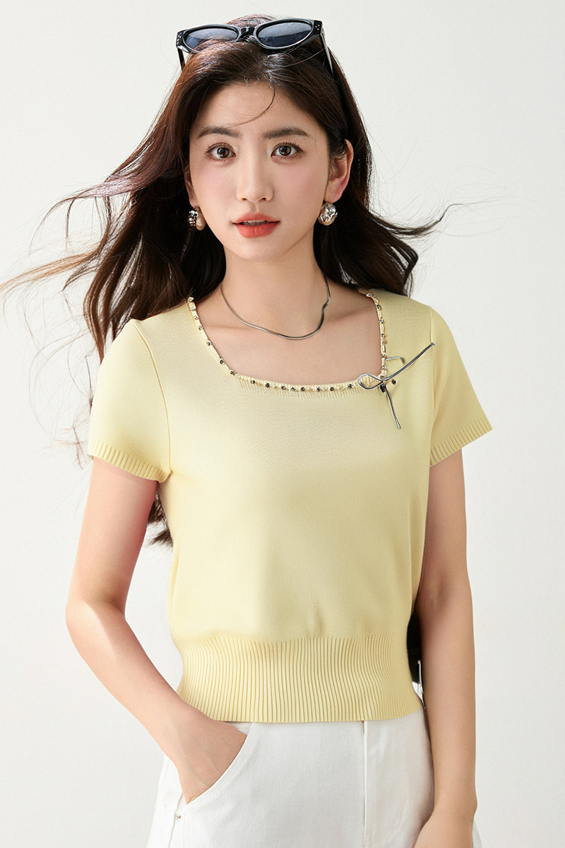 Summer Korean style square collar T-shirt bow slim tops