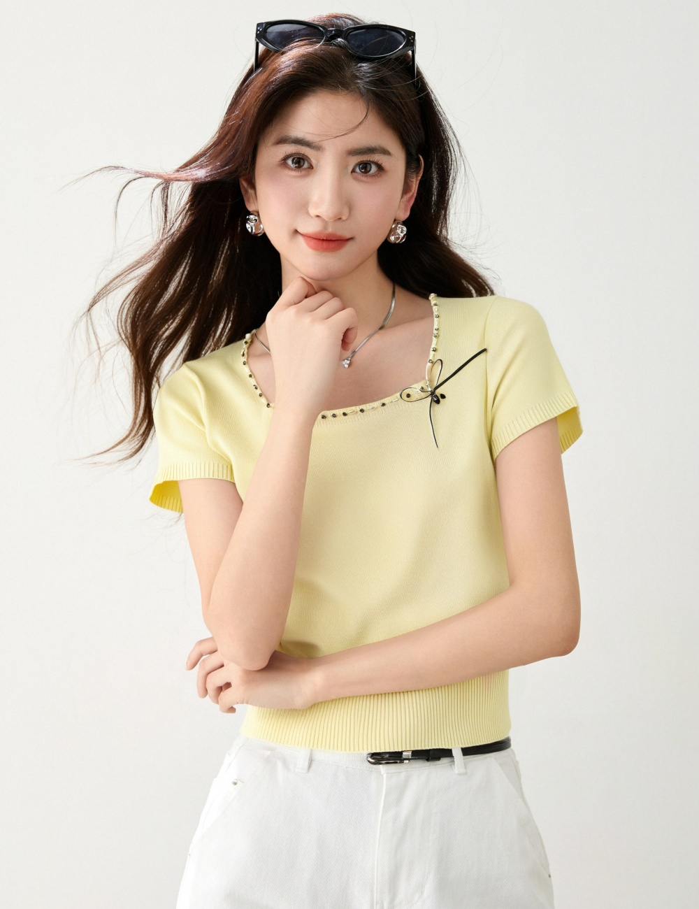 Summer Korean style square collar T-shirt bow slim tops