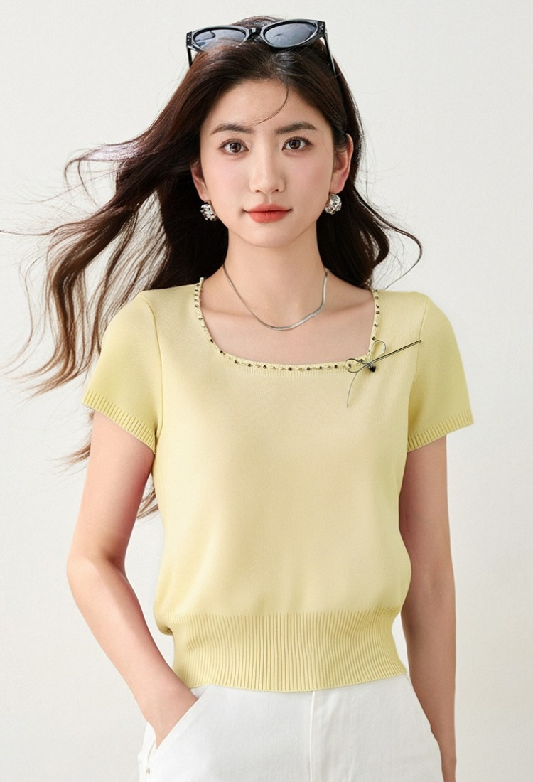 Summer Korean style square collar T-shirt bow slim tops