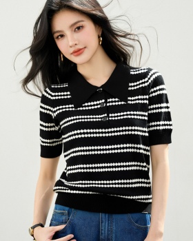 Short sleeve knitted tops stripe T-shirt for women