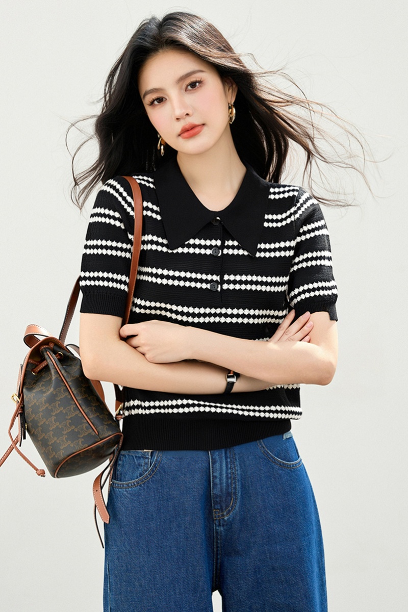 Short sleeve knitted tops stripe T-shirt for women