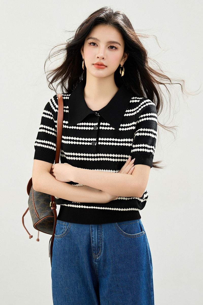 Short sleeve knitted tops stripe T-shirt for women