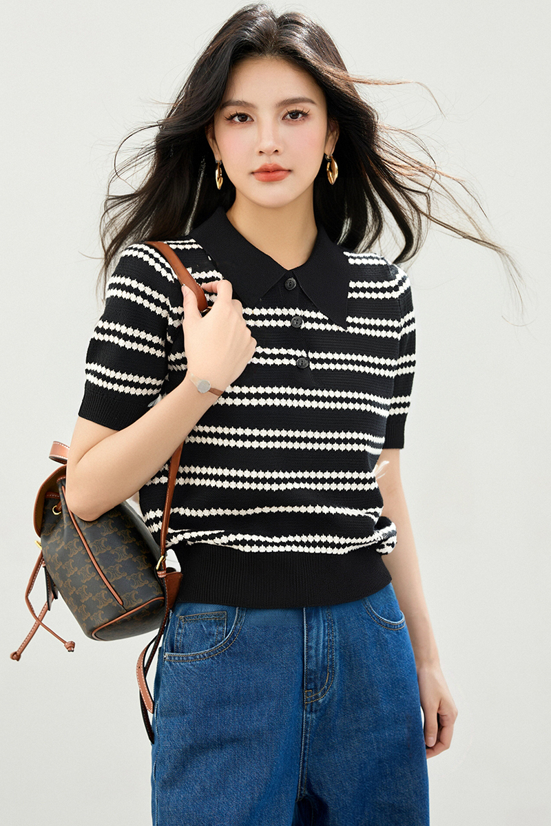 Short sleeve knitted tops stripe T-shirt for women