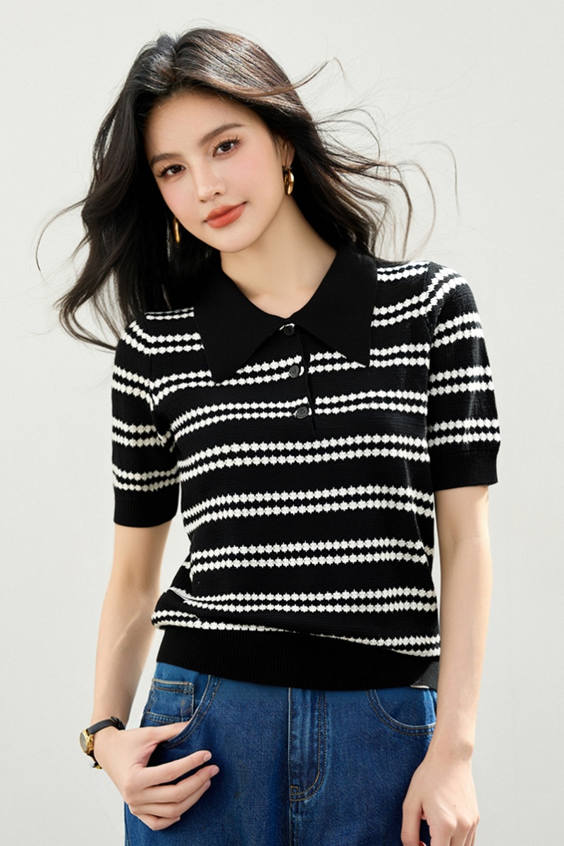 Short sleeve knitted tops stripe T-shirt for women