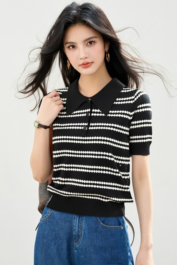 Short sleeve knitted tops stripe T-shirt for women