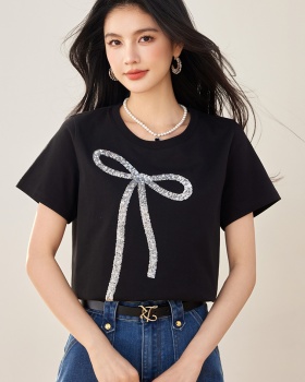 Summer short sleeve all-match tops sequins bow T-shirt