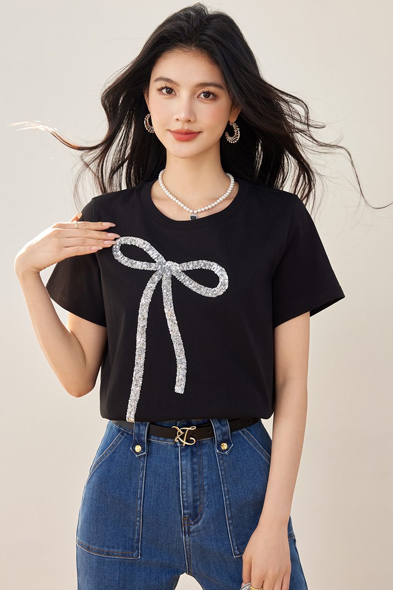 Summer short sleeve all-match tops sequins bow T-shirt