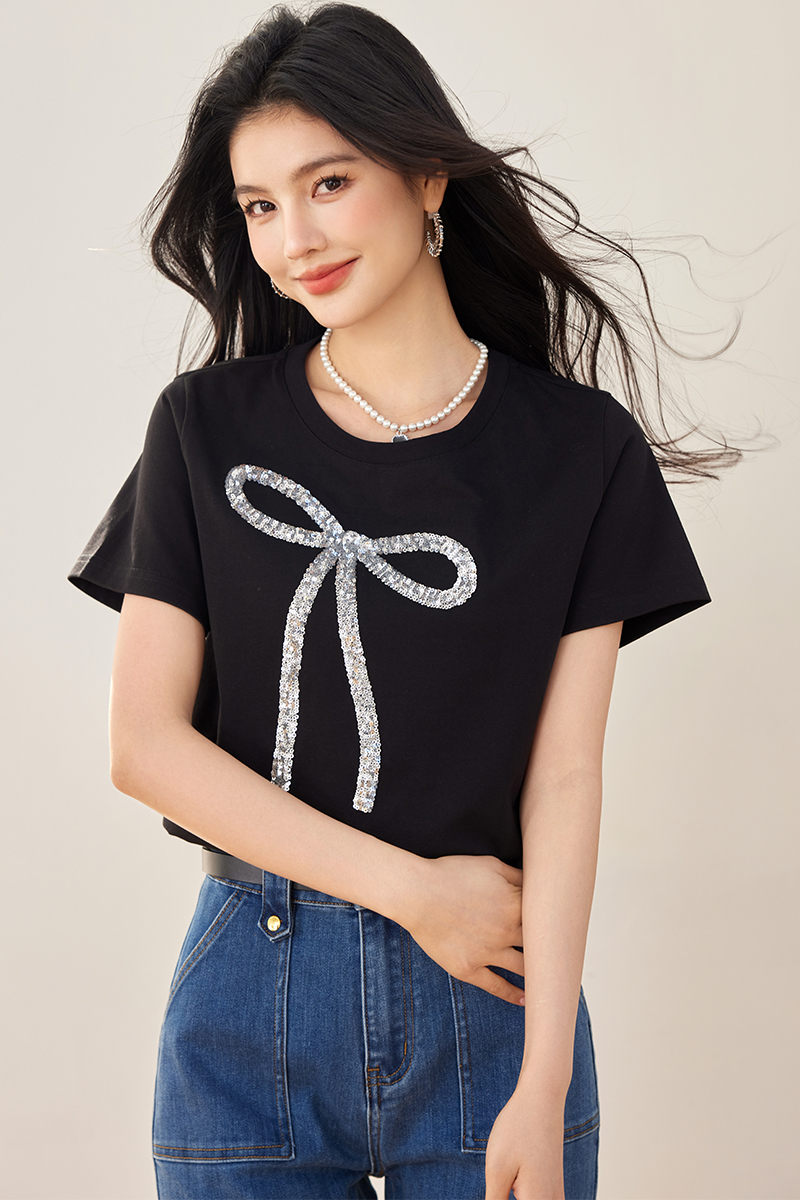Summer short sleeve all-match tops sequins bow T-shirt