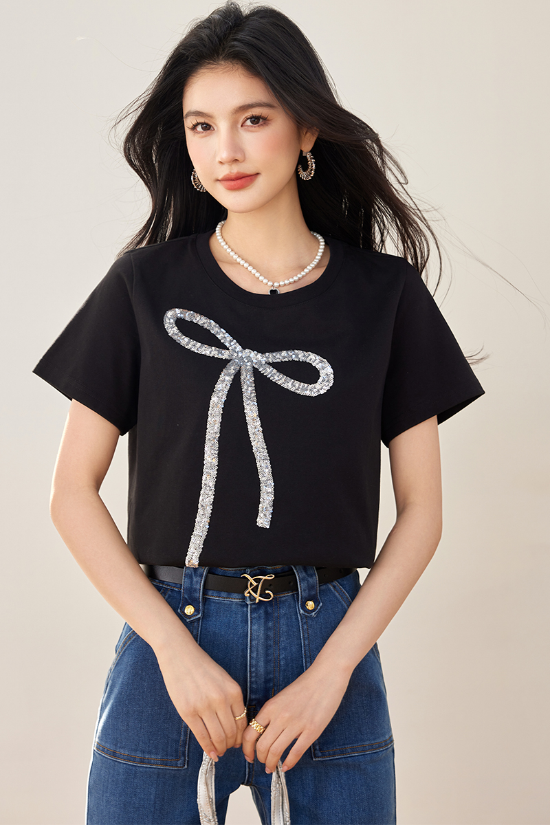 Summer short sleeve all-match tops sequins bow T-shirt
