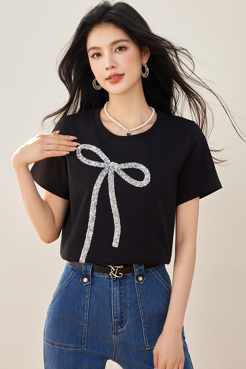 Summer short sleeve all-match tops sequins bow T-shirt