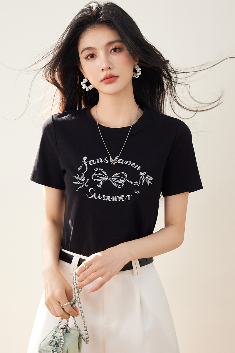 Printing all-match T-shirt bow summer tops