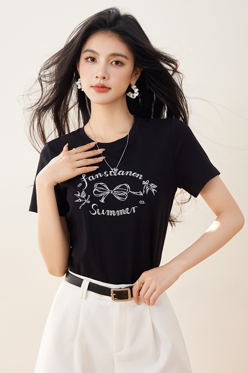 Printing all-match T-shirt bow summer tops