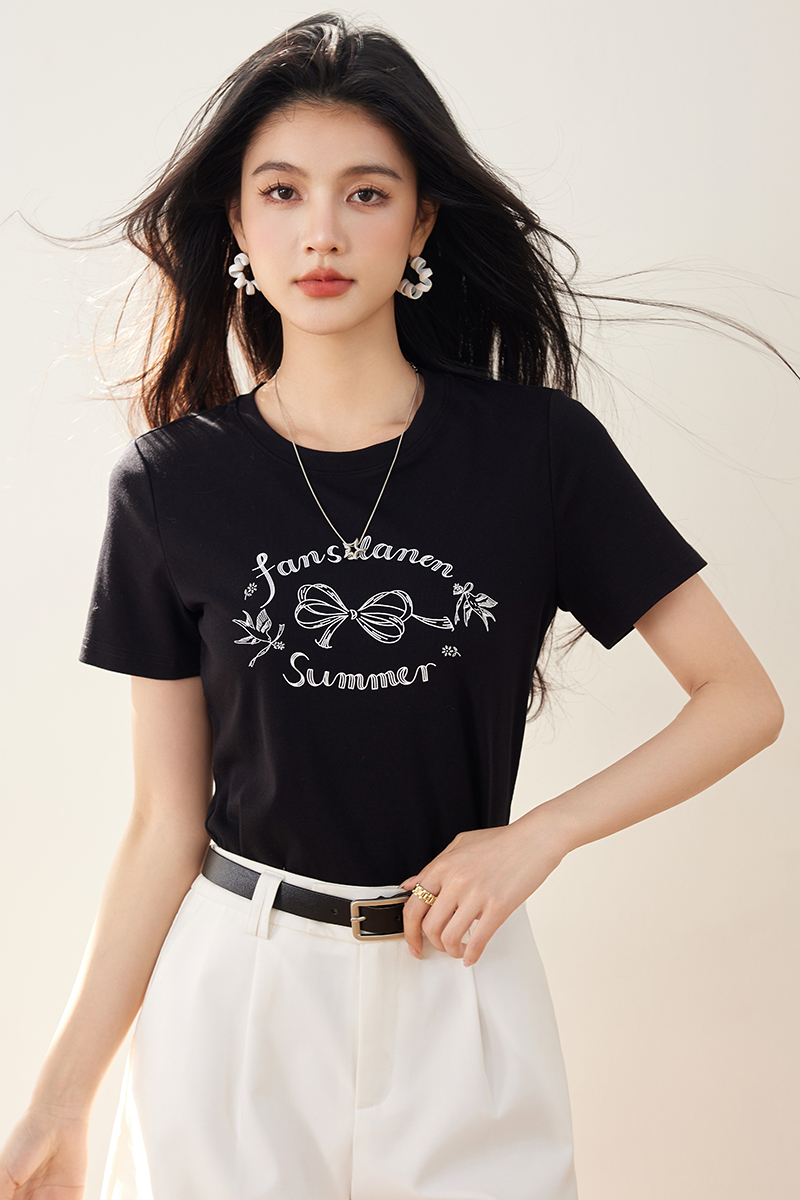 Printing all-match T-shirt bow summer tops
