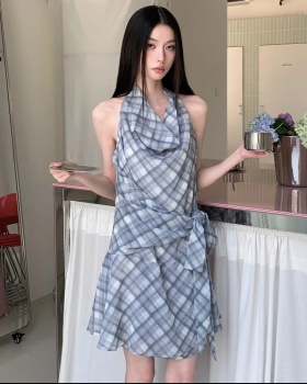 Elegant bandage short plaid dress