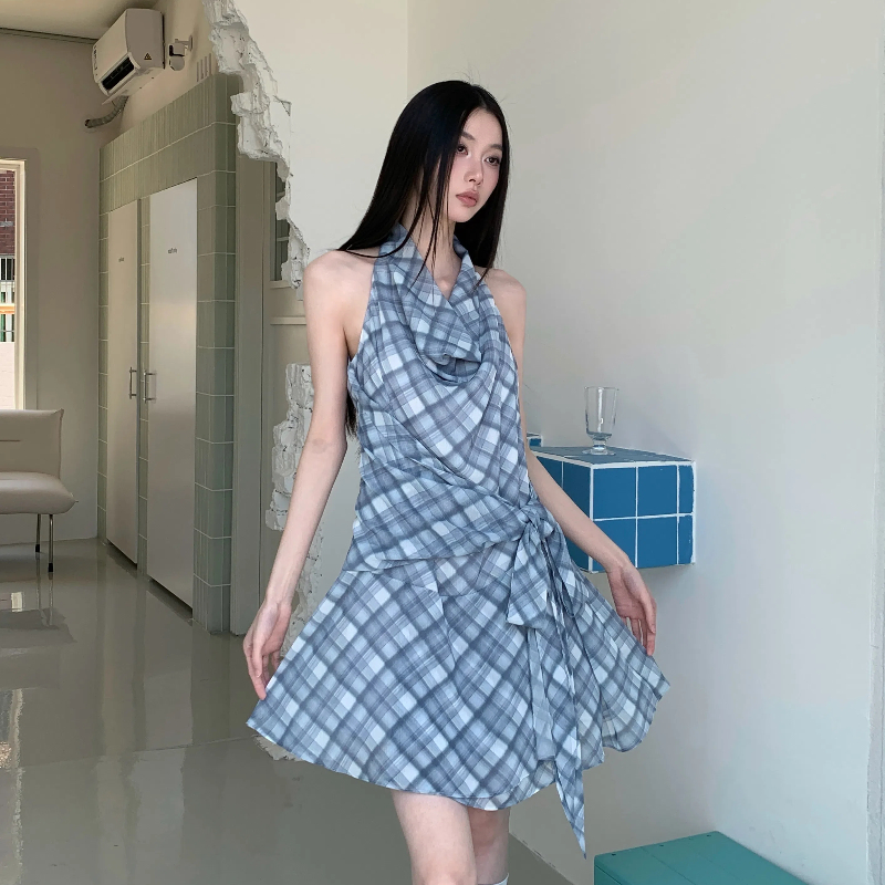 Elegant bandage short plaid dress