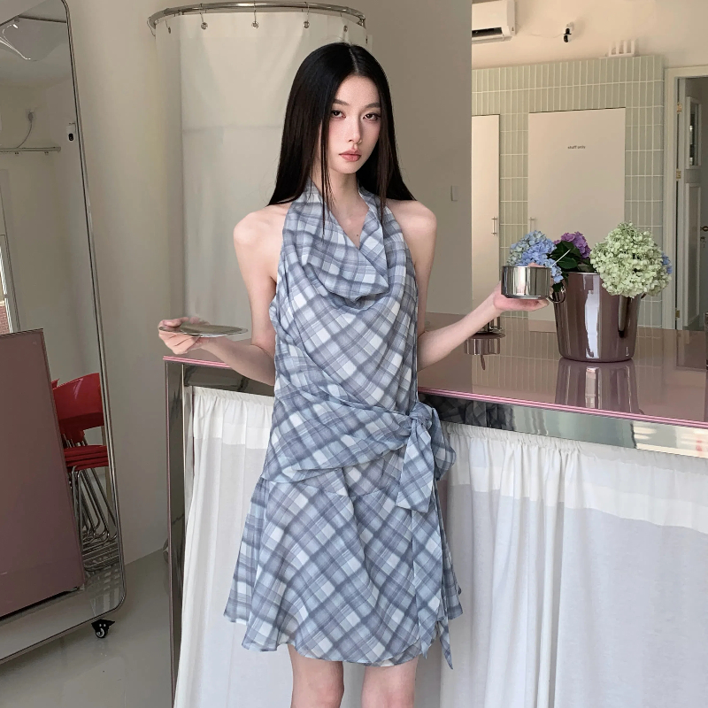 Elegant bandage short plaid dress