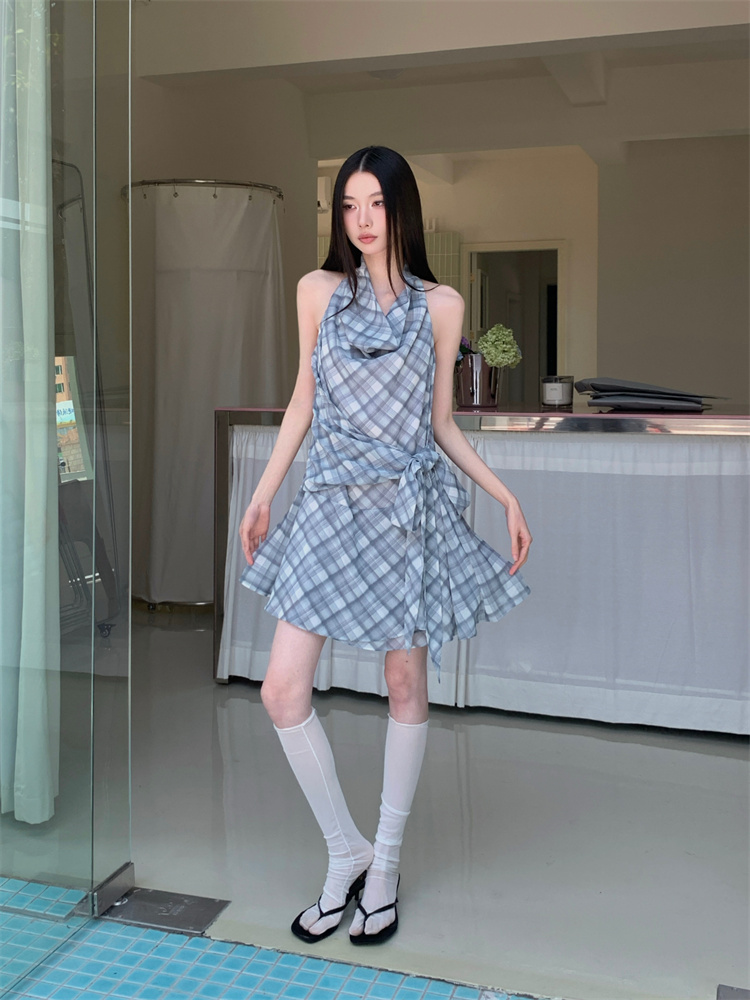 Elegant bandage short plaid dress