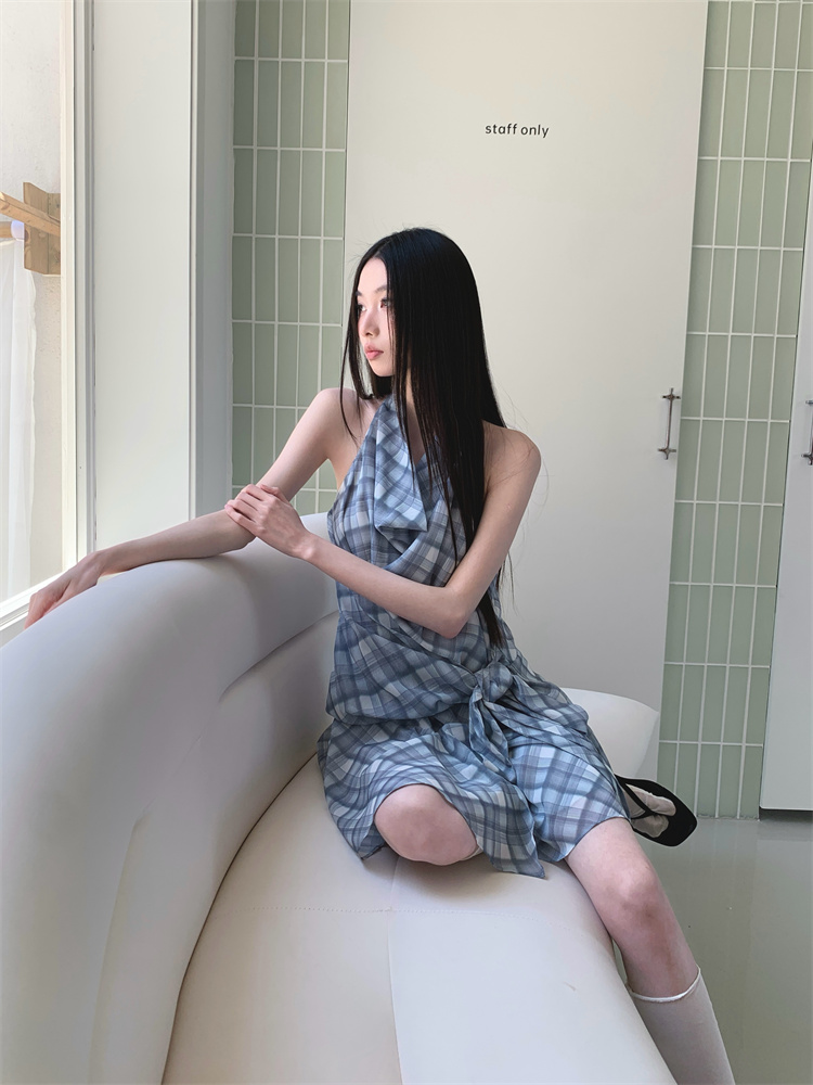 Elegant bandage short plaid dress