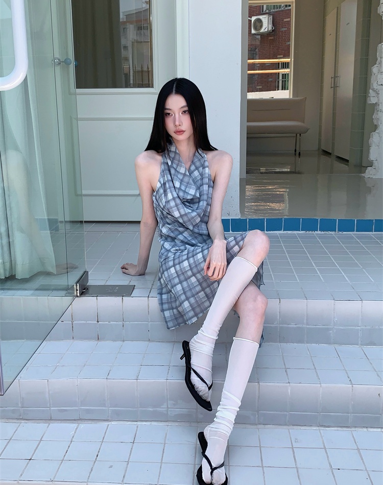Elegant bandage short plaid dress