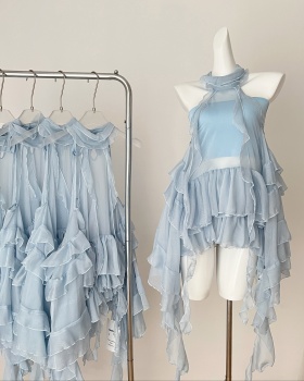 Lotus leaf edges chiffon shirt halter tops for women