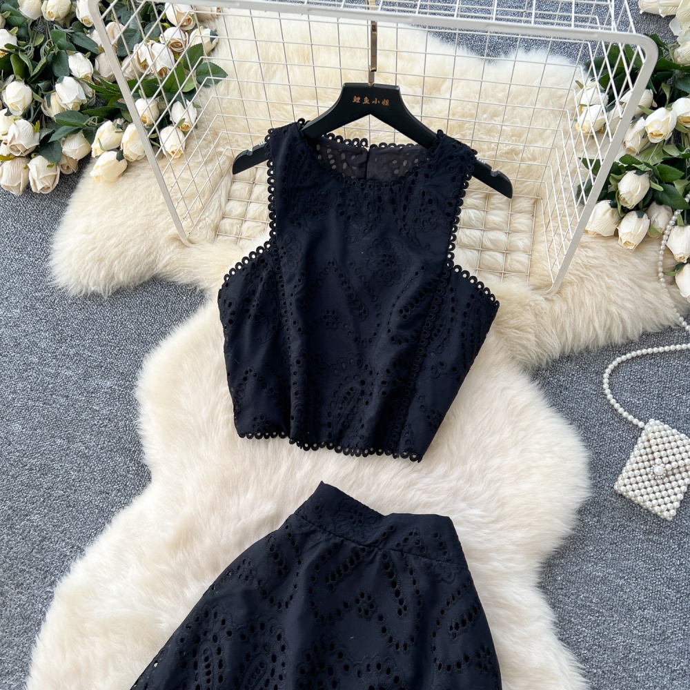 Crochet hollow tops high waist vest a set for women