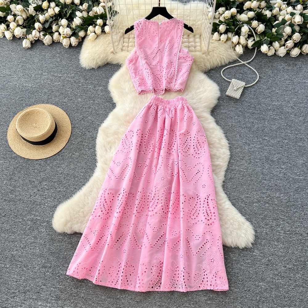 Crochet hollow tops high waist vest a set for women
