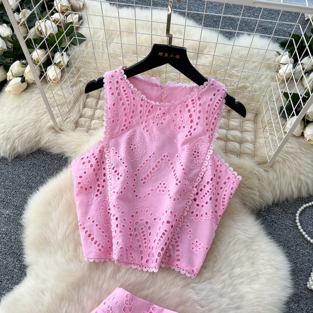 Crochet hollow tops high waist vest a set for women