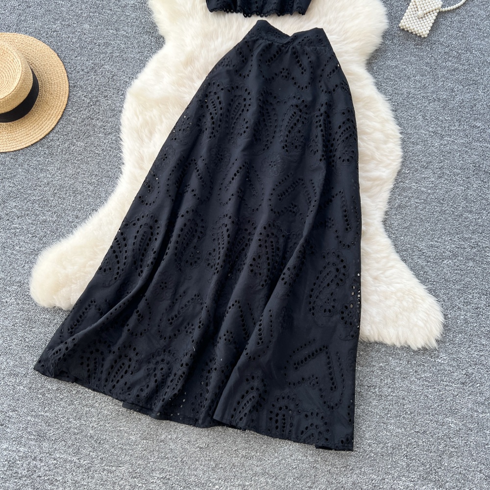 Crochet hollow tops high waist vest a set for women