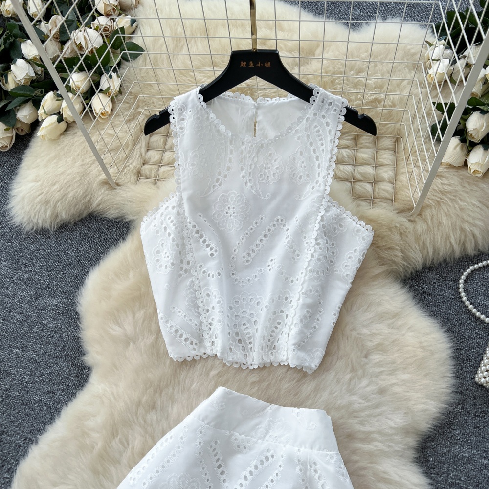 Crochet hollow tops high waist vest a set for women