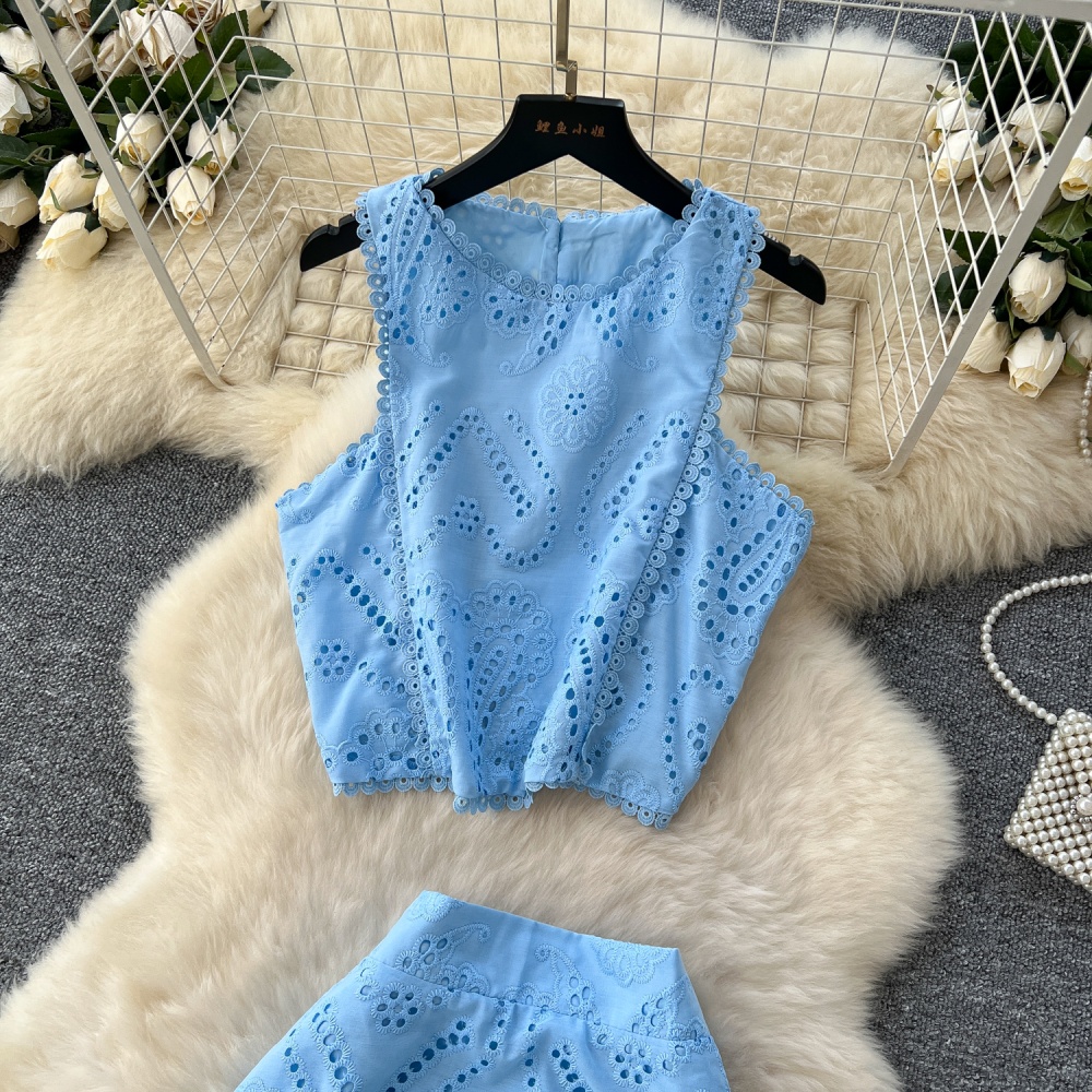 Crochet hollow tops high waist vest a set for women