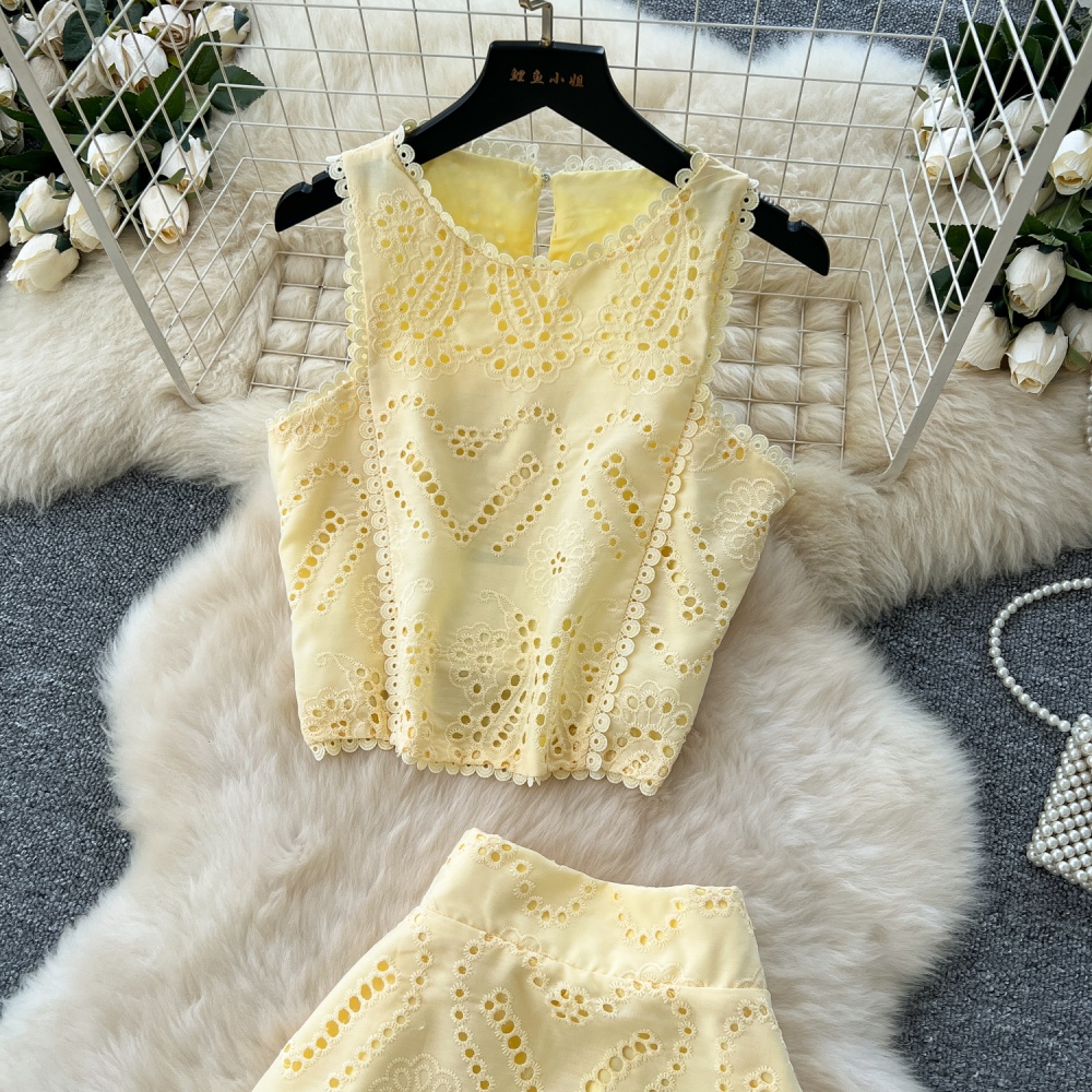 Crochet hollow tops high waist vest a set for women