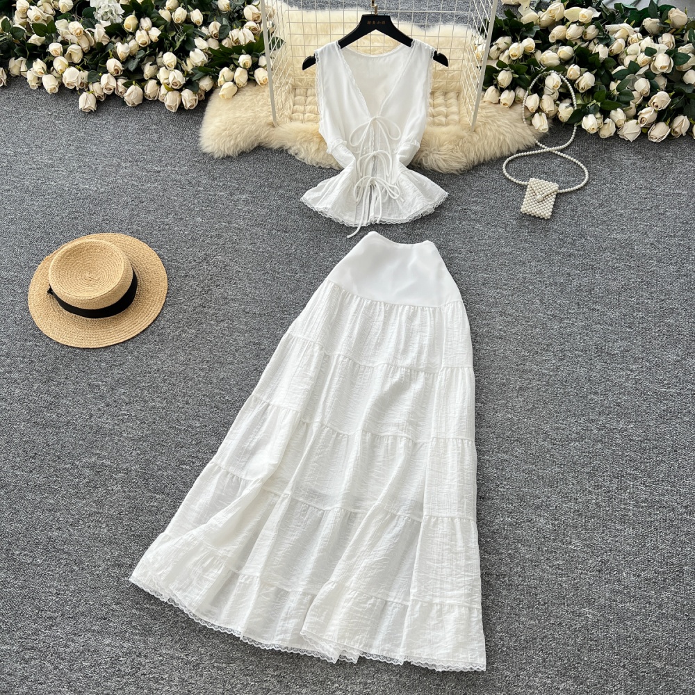 High waist white lace skirt lady summer splice vest a set