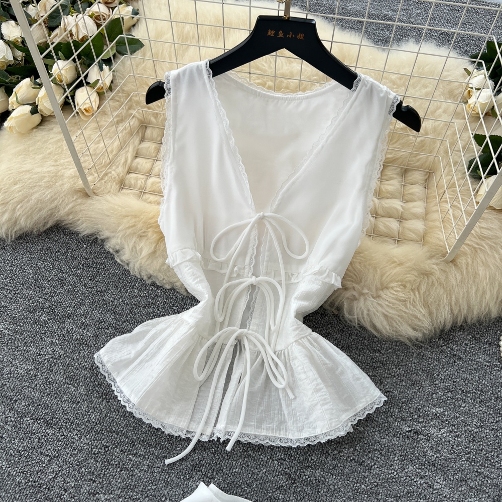 High waist white lace skirt lady summer splice vest a set