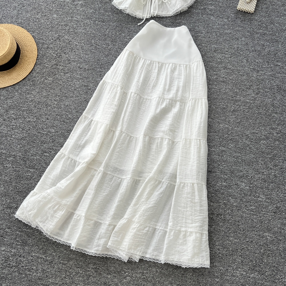 High waist white lace skirt lady summer splice vest a set