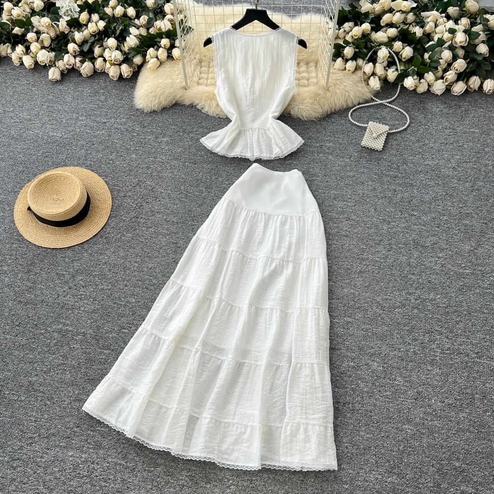 High waist white lace skirt lady summer splice vest a set