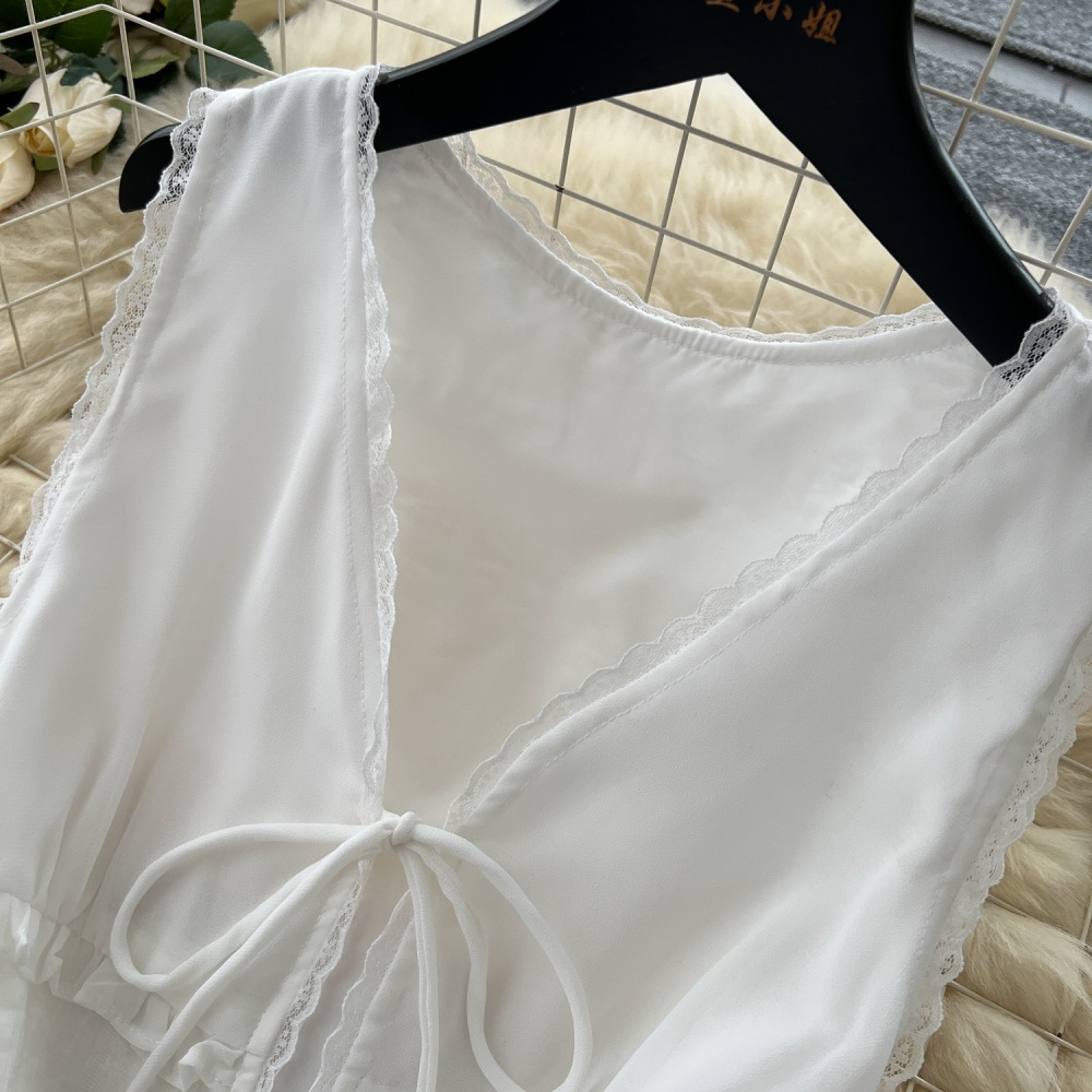 High waist white lace skirt lady summer splice vest a set