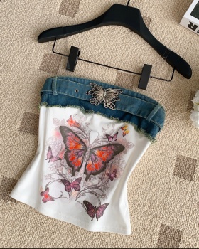 Denim spicegirl butterfly splice all-match vest for women