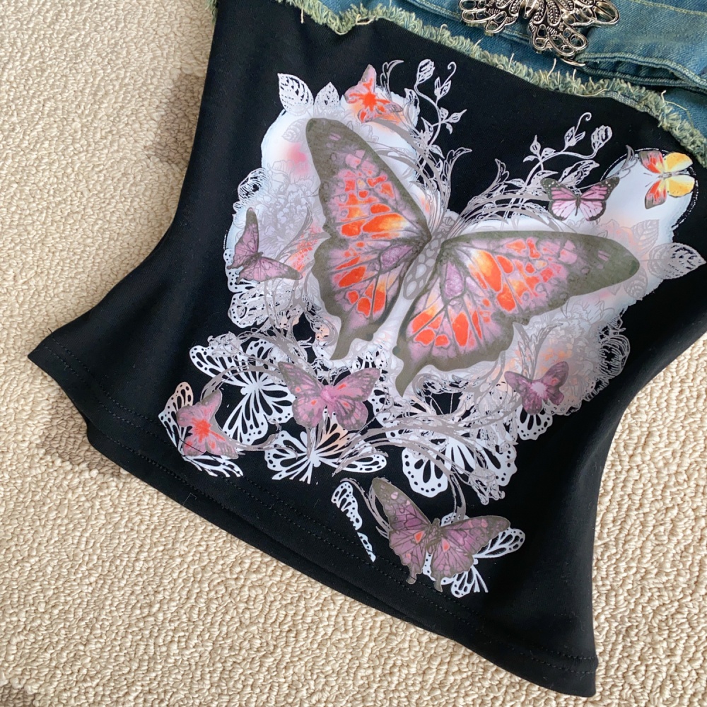 Denim spicegirl butterfly splice all-match vest for women