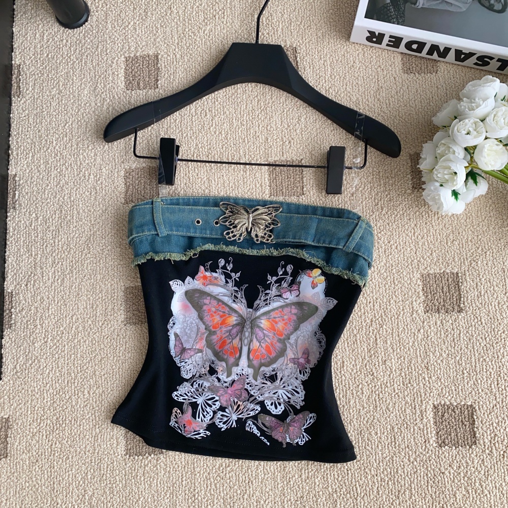 Denim spicegirl butterfly splice all-match vest for women