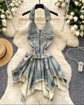 Burr halter spicegirl T-back summer denim retro dress