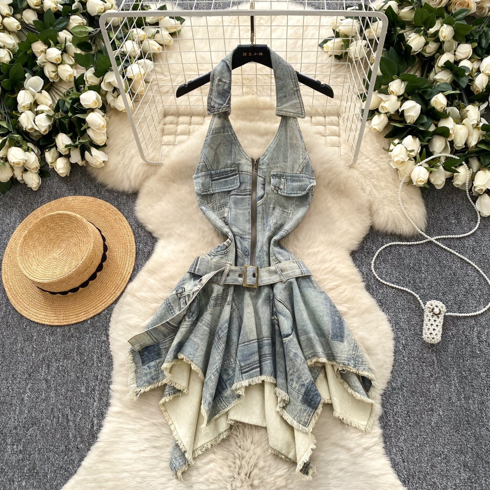 Burr halter spicegirl T-back summer denim retro dress