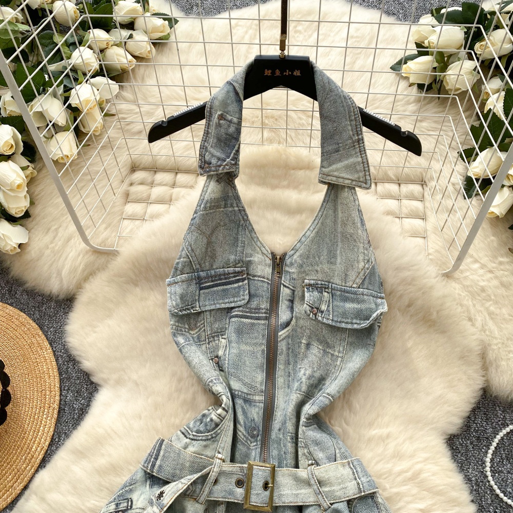 Burr halter spicegirl T-back summer denim retro dress