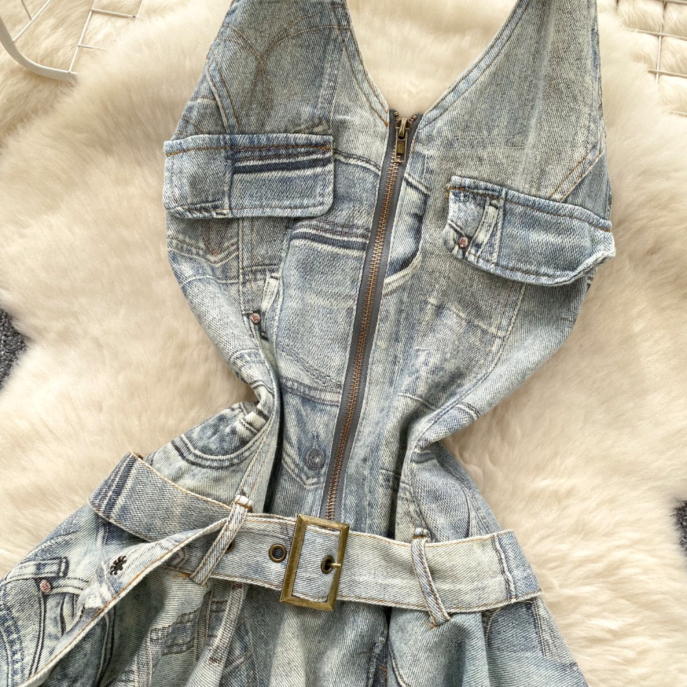 Burr halter spicegirl T-back summer denim retro dress