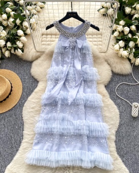 Halter splice summer sequins cake bow dress for women
