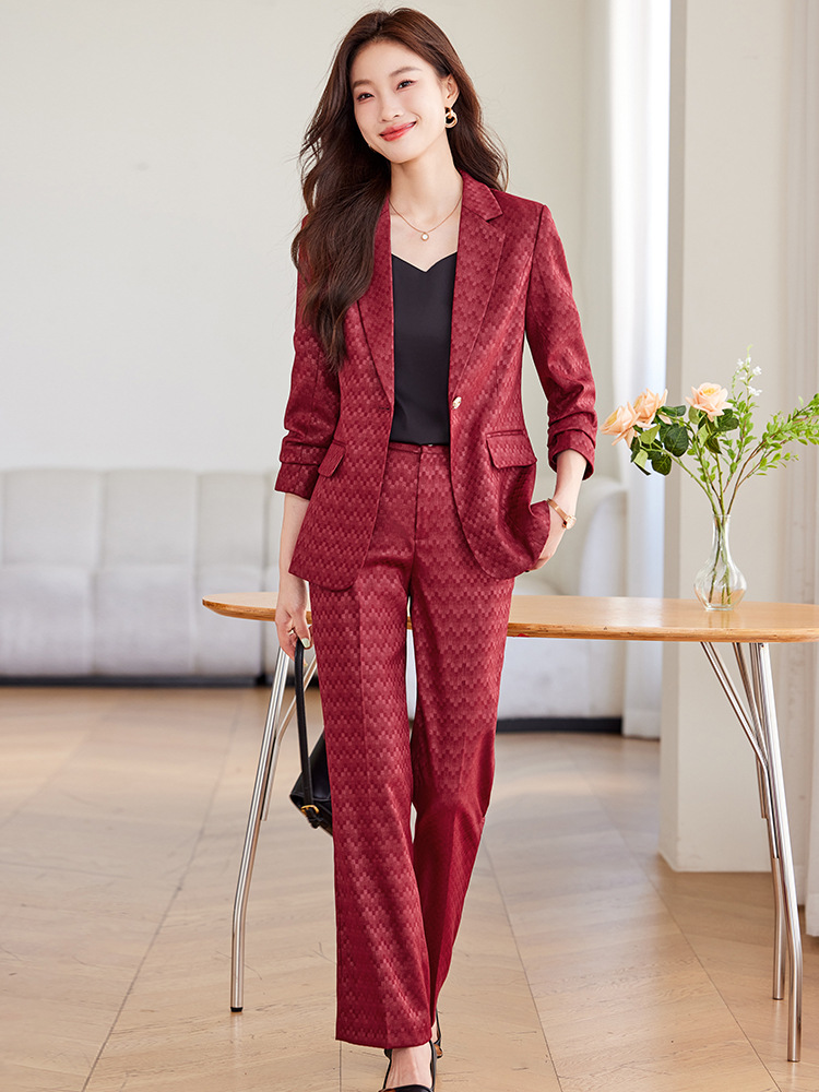 Casual long sleeve coat plaid business suit 2pcs set