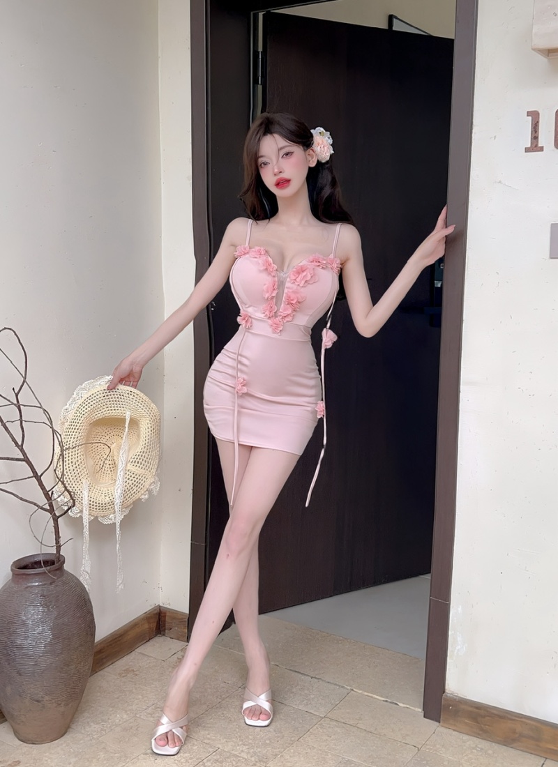 Sexy bottoming flowers sling splice package hip dress