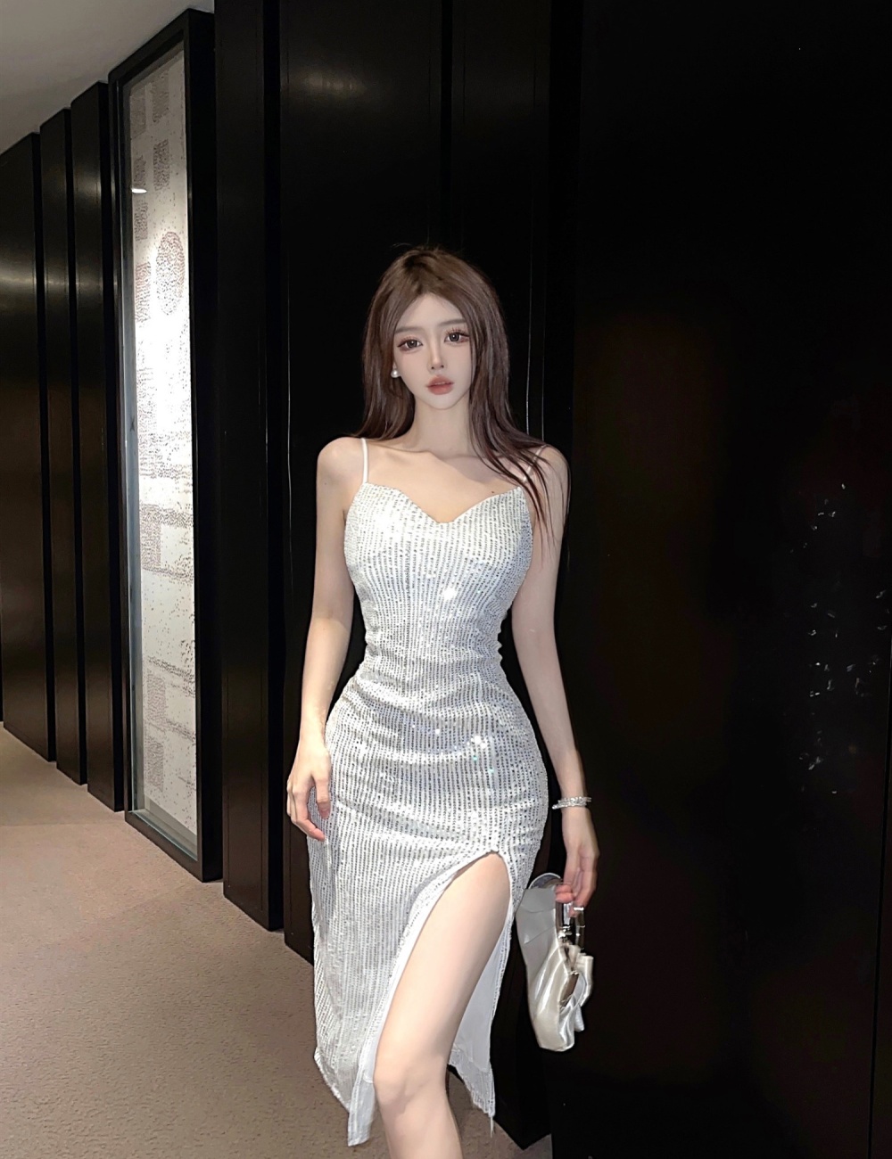 Sling niche sequins light luxury ladies V-neck dress
