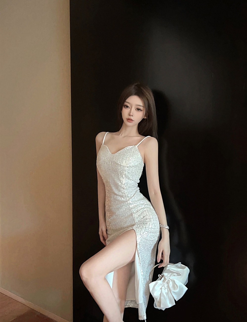 Sling niche sequins light luxury ladies V-neck dress