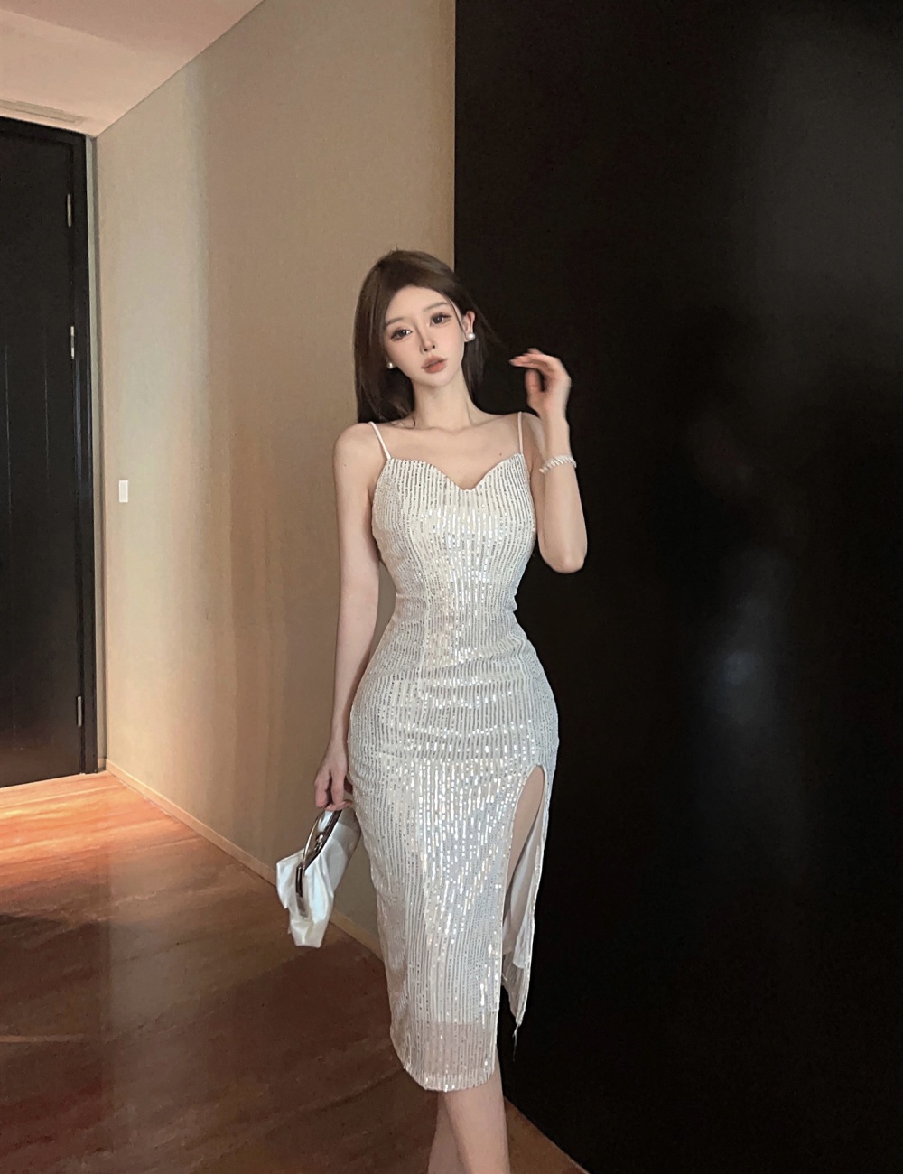 Sling niche sequins light luxury ladies V-neck dress